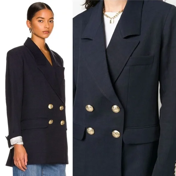 SMYTHE Oversized Linen Blend Double Breasted Blazer in Navy - Picture 2 of 11